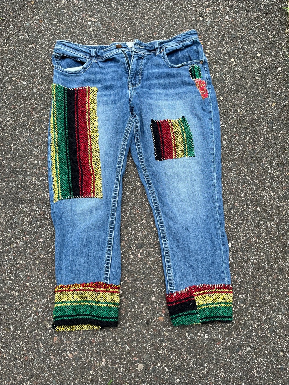 BKE Blue Jeans with Red, Green, Yellow & Black Patchwork